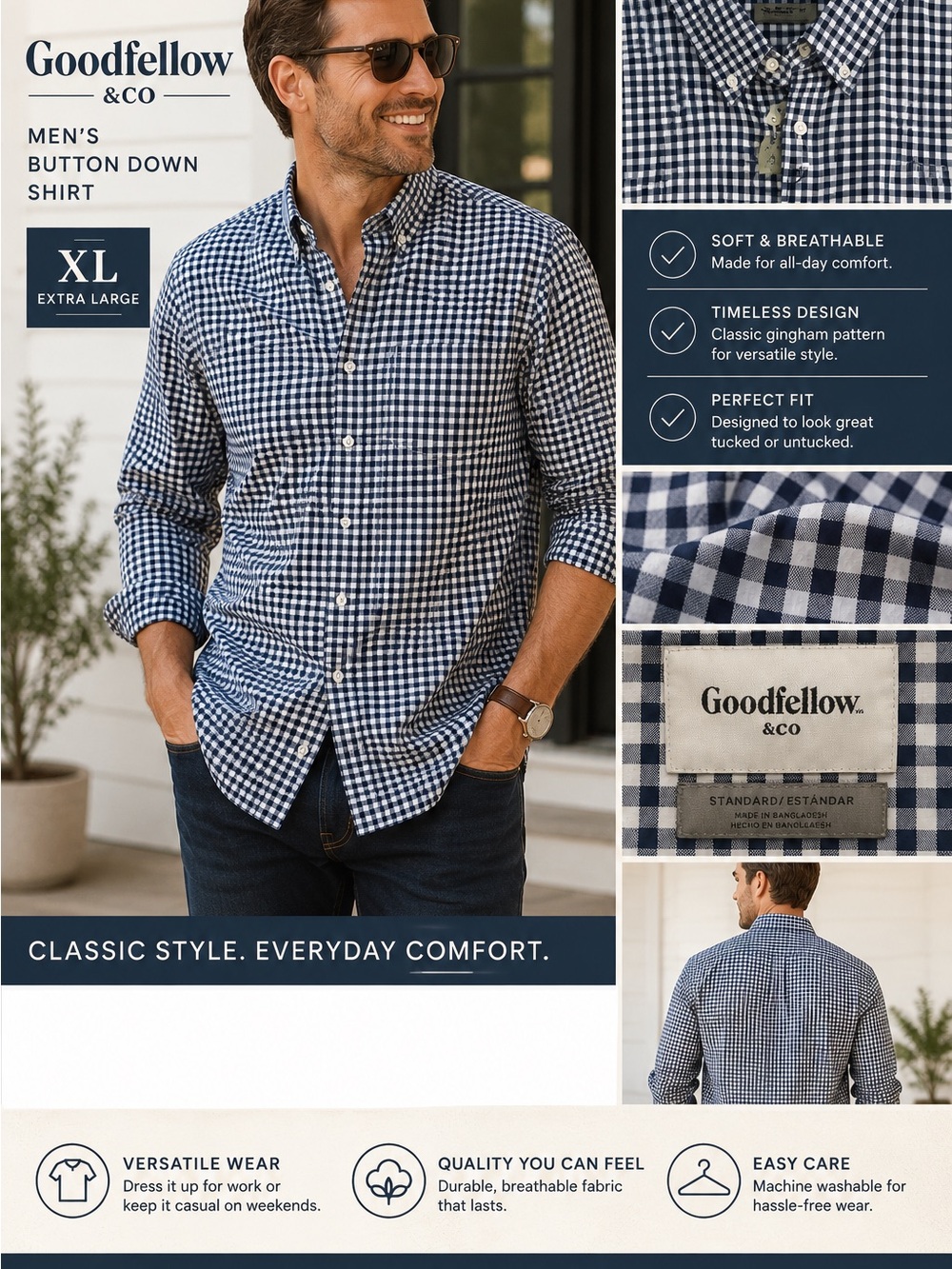 Goodfellow & Co Blue and White Gingham Button-Down Shirt Mens